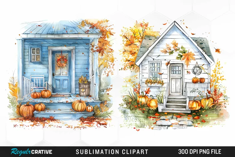Watercolor Autumn House Porch Clipart