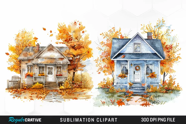 Watercolor Autumn House Porch Clipart