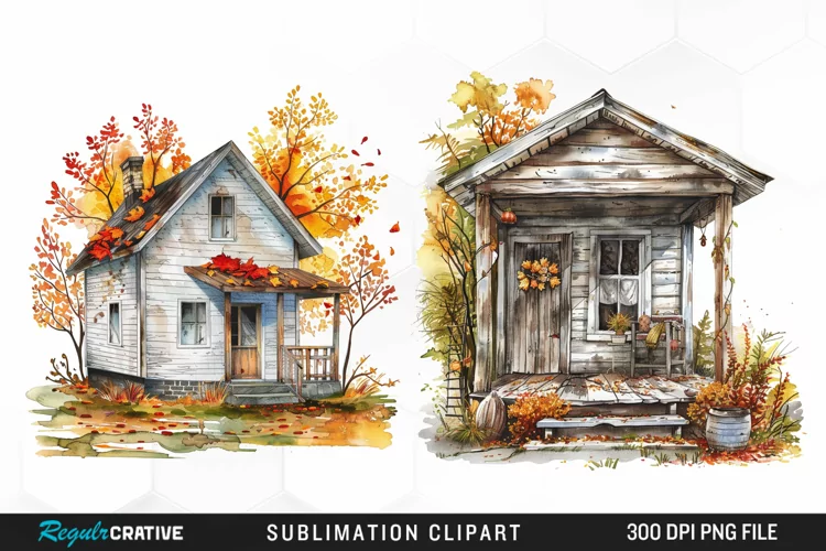 Watercolor Autumn House Porch Graphic Clipart