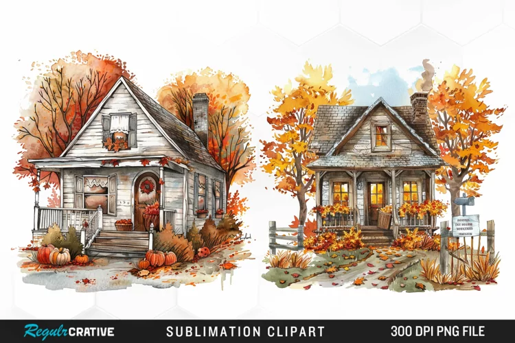 Watercolor Autumn House Porch Graphic Clipart