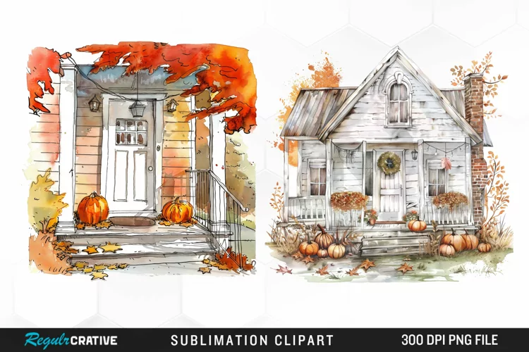 Watercolor Autumn House Porch Clipart