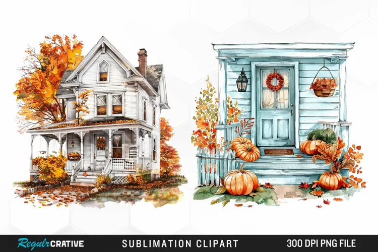 Watercolor Autumn House Porch Clipart