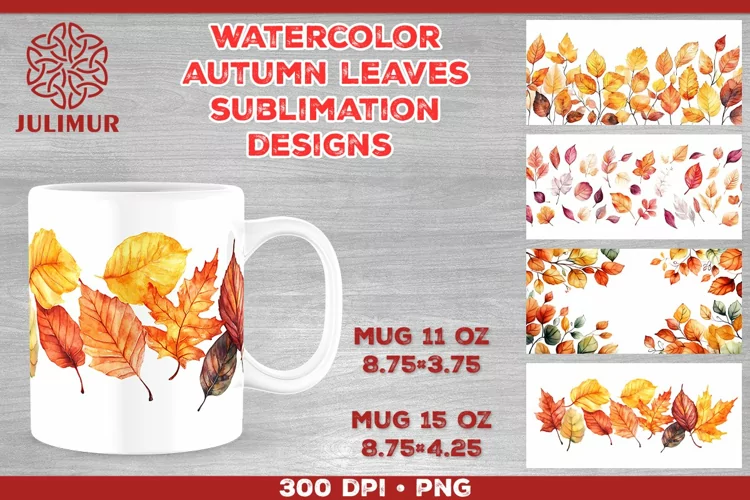 Autumn Splendor Watercolor Leaves Mug Sublimation Design
