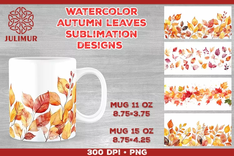 Autumn Splendor Watercolor Leaves Mug Sublimation Design