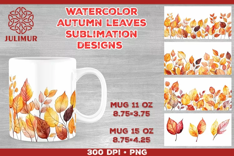 Autumn Splendor Watercolor Leaves Mug Sublimation Design