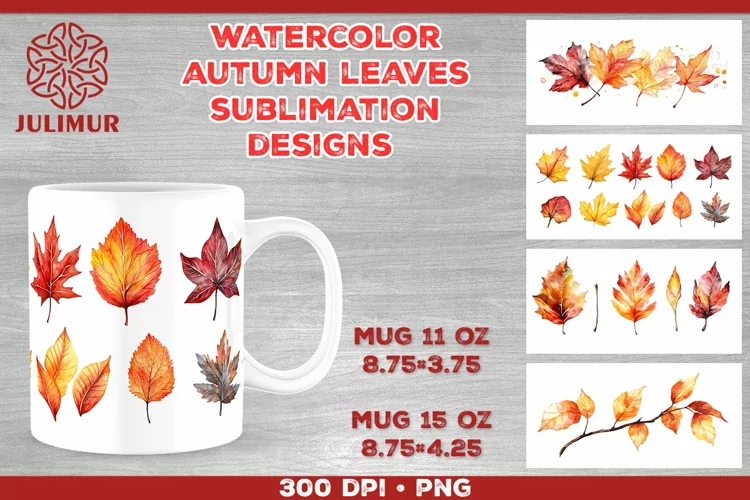 Autumn Splendor Watercolor Leaves Mug Sublimation Design