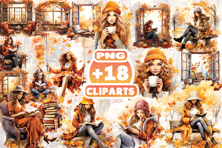 Watercolor Autumn Reading Corner Clipart | Cozy Fall Books
