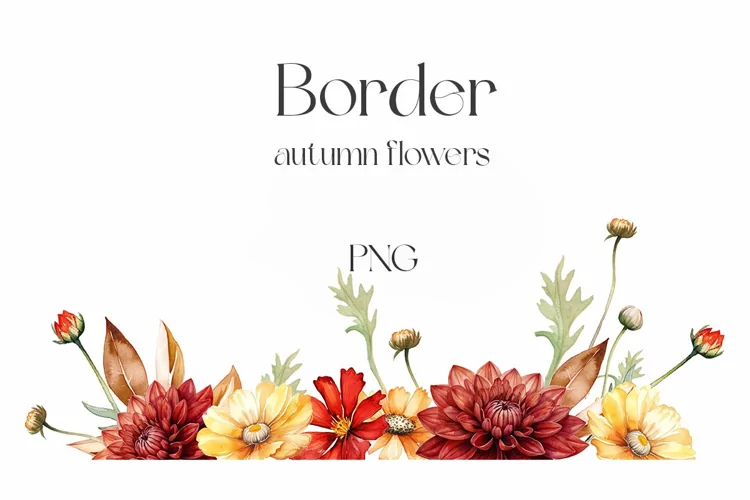 Watercolor autumn wildflowers border. Fall flowers