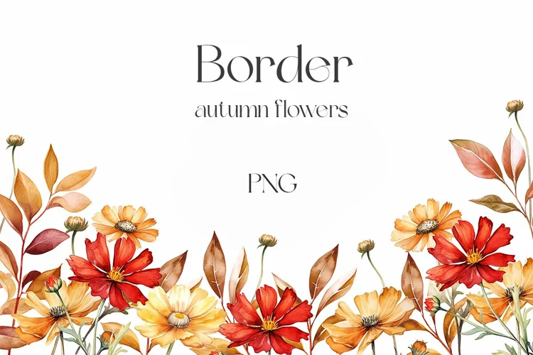 Watercolor autumn wildflowers border. Meadow flowers
