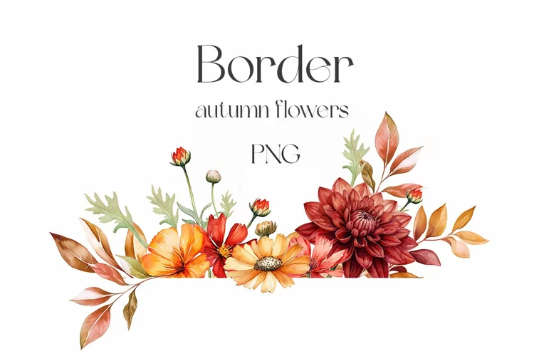 Watercolor autumn wildflowers border. Fall flowers