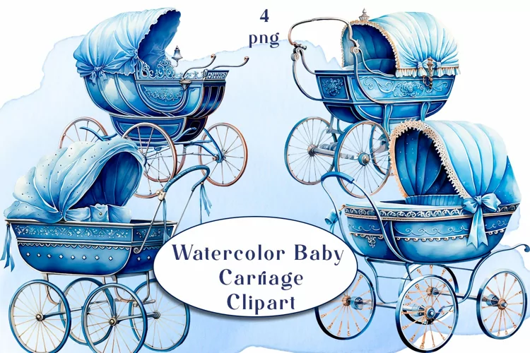 Blue Watercolor Baby Carriage Clipart