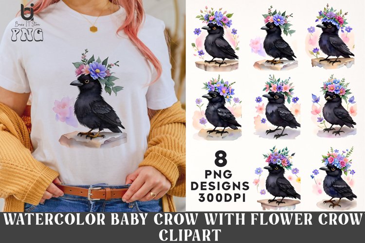 Watercolor Baby Crow With Flower Crown Clipart, Bird Mug PNG example image 1