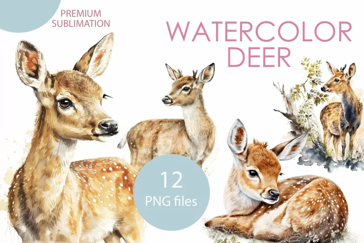 Watercolor deer clipart baby deer sublimation 12 PNG file