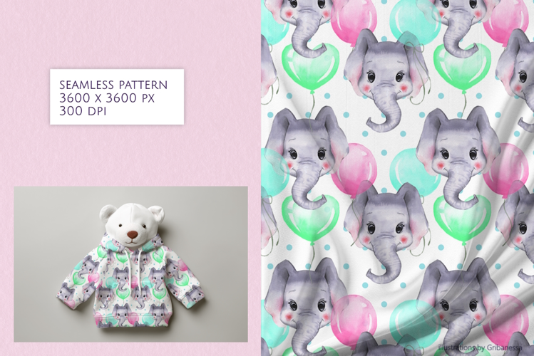 Cute Watercolor Baby Elephant Seamless Pattern