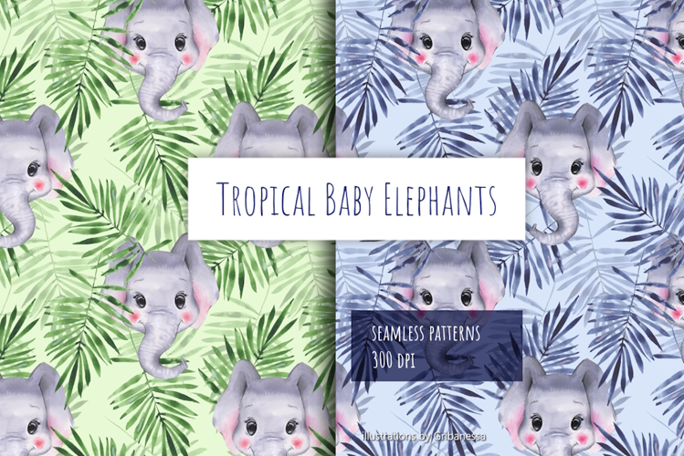 Watercolor Baby Elephants & Palm Leaves Seamless Patterns