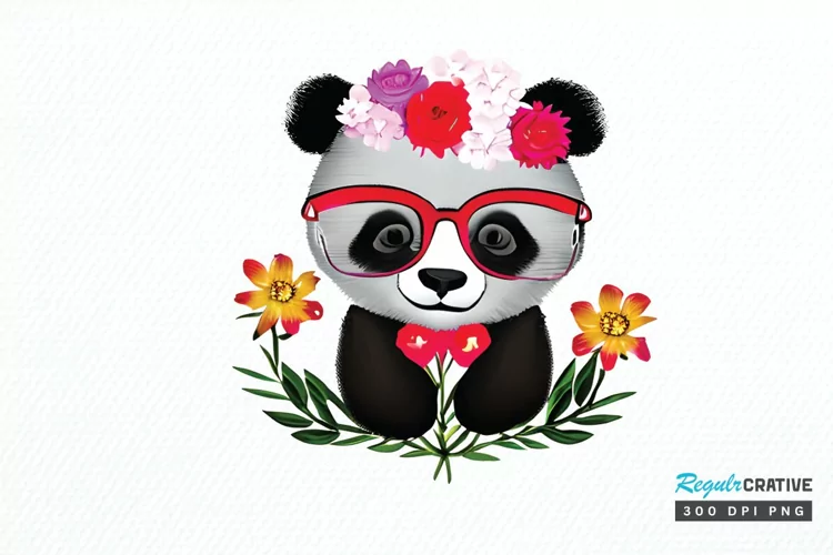 Watercolor Baby Panda and Flower PNG Clipart
