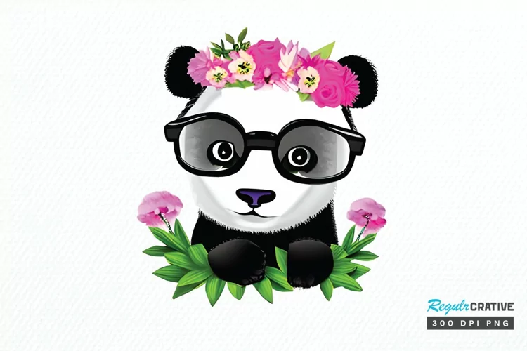 Watercolor Baby Panda and Flower PNG Clipart