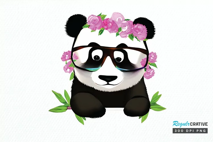 Watercolor Baby Panda and Flower PNG Clipart