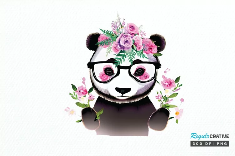 Watercolor Baby Panda and Flower PNG Clipart