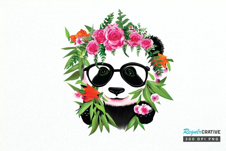 Watercolor Baby Panda and Flower PNG Clipart