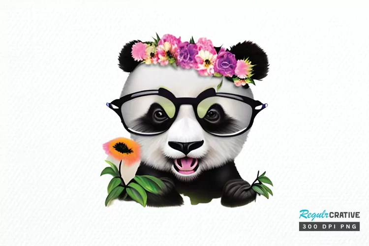 Watercolor Baby Panda and Flower PNG Clipart
