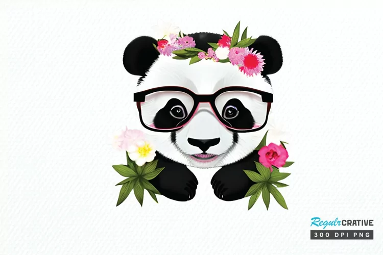 Watercolor Baby Panda and Flower PNG Clipart