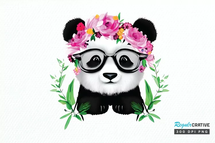 Watercolor Baby Panda and Flower PNG Clipart
