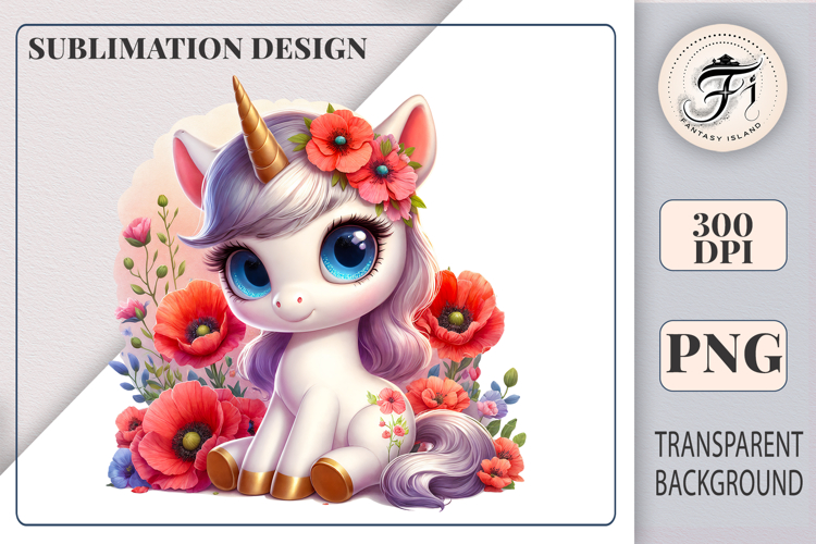 Cute Baby Unicorn with Poppies Sublimation Clipart PNG