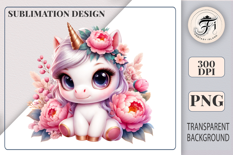 Cute Baby Unicorn with Pink Peonies Sublimation Clipart PNG
