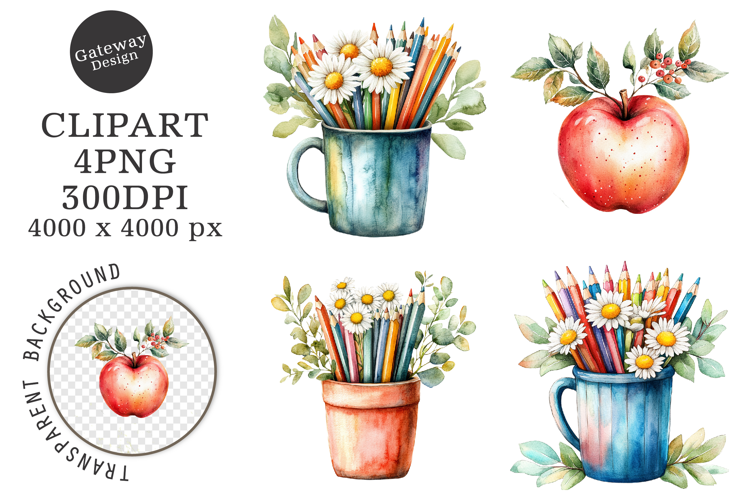 Watercolor Back To School Floral Arrangements Clipart