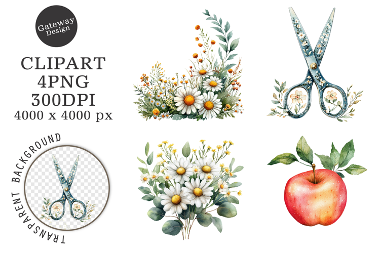 Watercolor Back To School Floral Arrangements Clipart