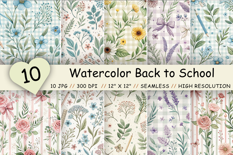 Watercolor Back to School Patterns, Seamless Grandmillennial