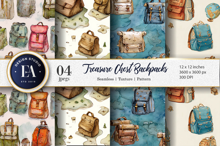 Hand-Drawn Treasure Chest Backpacks Seamless Digital Paper