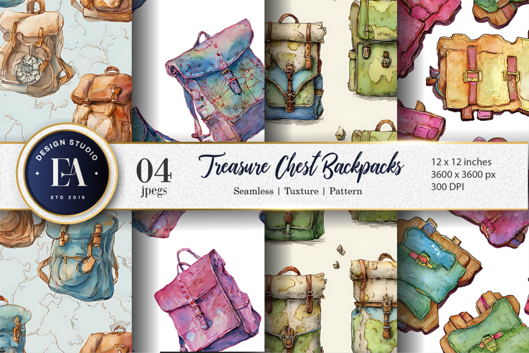 Hand-Drawn Treasure Chest Backpacks Seamless Digital Paper