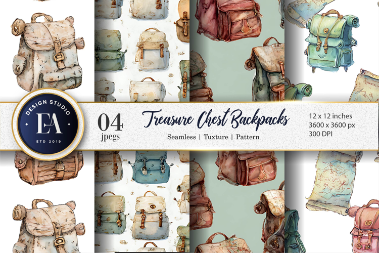 Treasure Chest Backpacks Seamless Watercolor Digital Paper