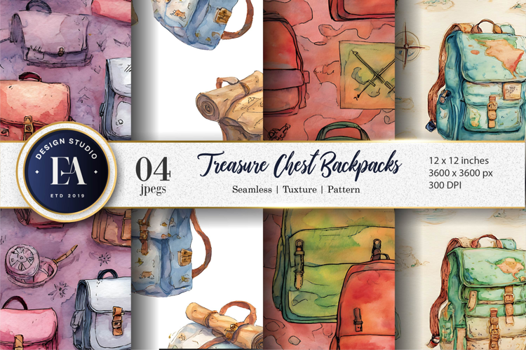 Treasure Chest Backpacks Seamless Watercolor Digital Paper