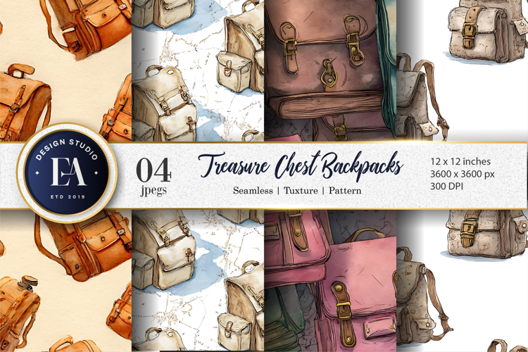 Treasure Chest Backpacks Seamless Watercolor Digital Paper