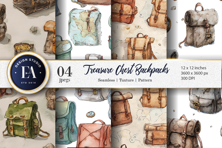 Watercolor Backpacks as Treasure Chest Pattern Digital Paper