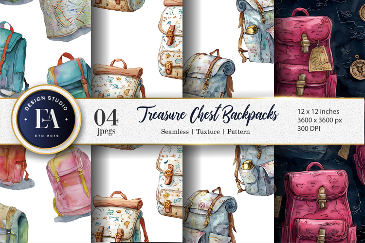 Watercolor Backpacks as Treasure Chest Pattern Digital Paper