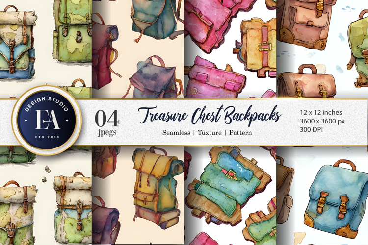 Watercolor Backpacks as Treasure Chest Pattern Digital Paper
