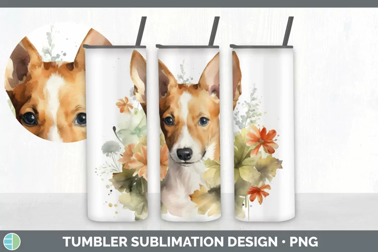 Watercolor Basenji Dog Tumbler | Sublimation 20 oz Skinny Tu