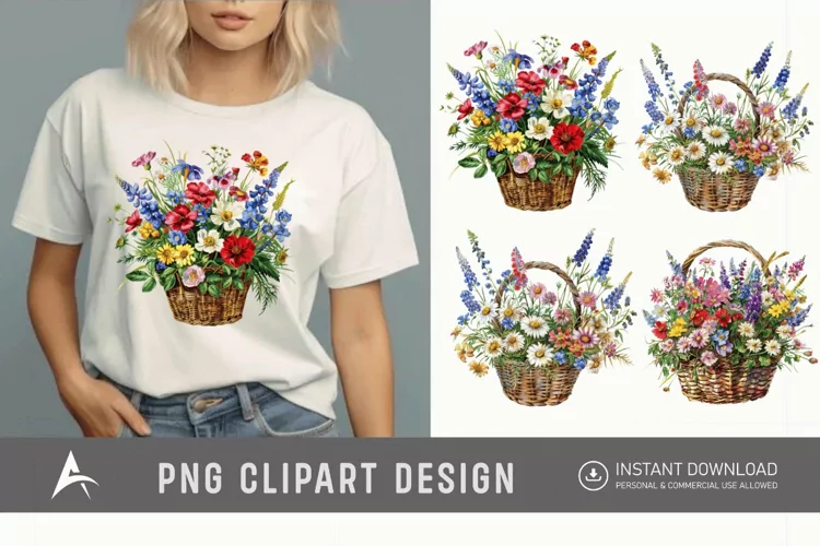 Watercolor Basket Of Flowers Clipart