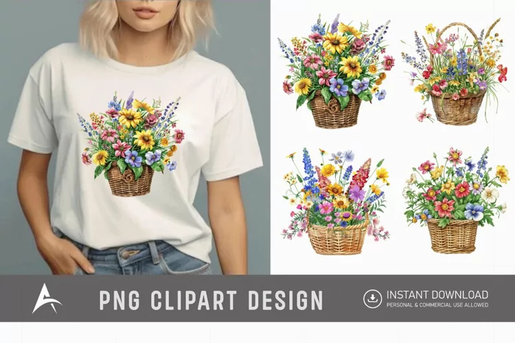 Watercolor Basket Of Flowers Clipart
