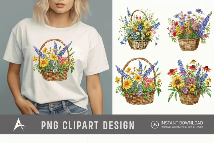 Watercolor Basket Of Flowers Clipart