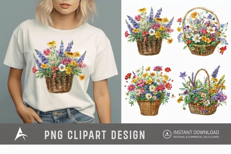 Watercolor Basket Of Flowers Clipart