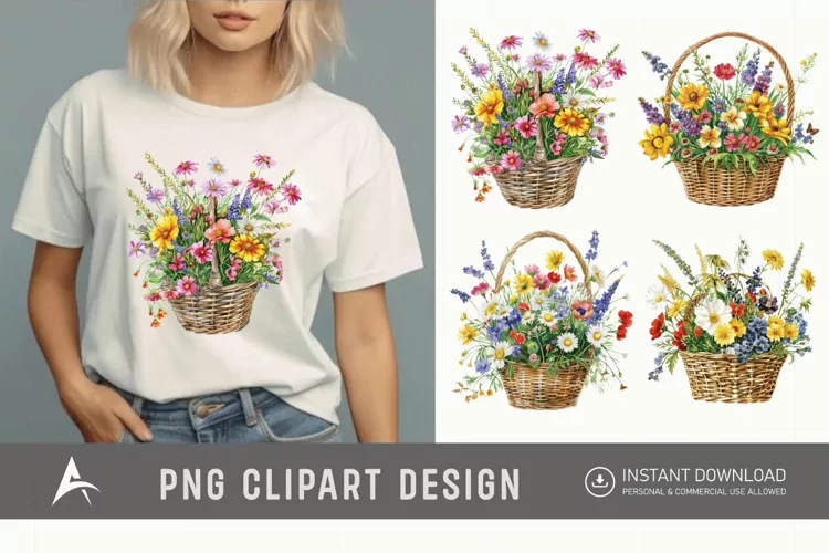 Watercolor Basket Of Flowers Clipart