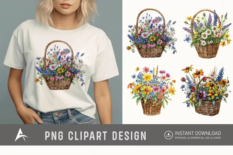 Watercolor Basket Of Flowers Clipart