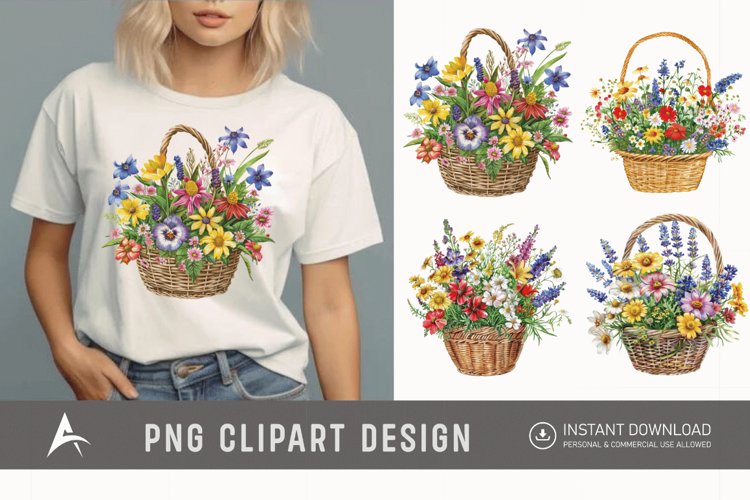 Watercolor Basket Of Flowers Clipart