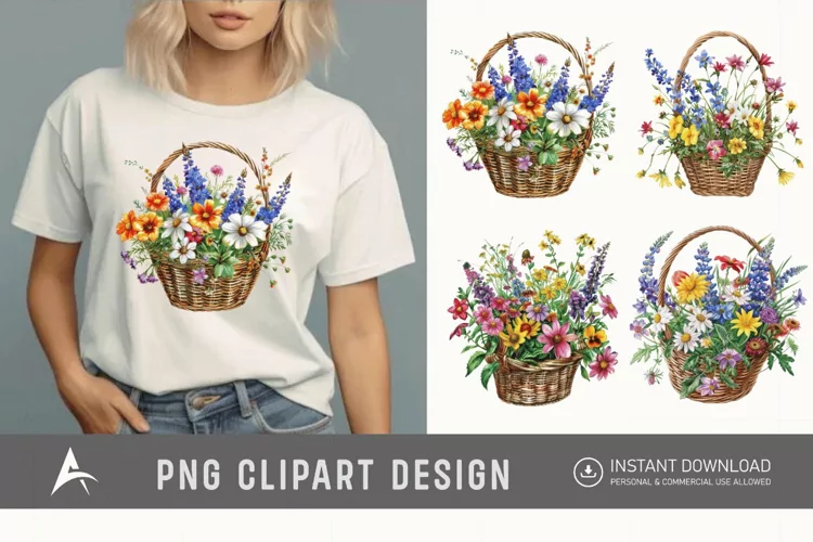 Watercolor Basket Of Flowers Clipart