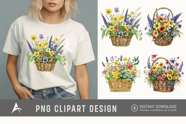 Watercolor Basket Of Flowers Clipart